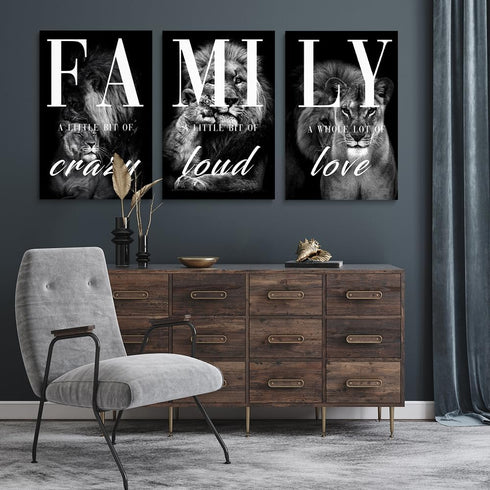 GUBIYU Farmhouse Family Wall Art Set of 3, Rustic Wood Framed Animal Lion Art for Living Room Decor