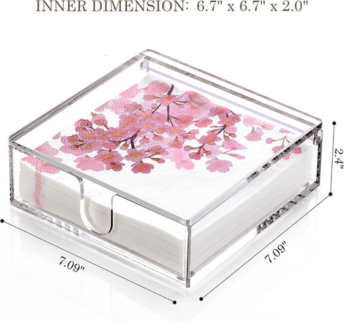 Acrylic Napkin Holder, 7"x 7"x 2.4" Flat Dispenser with Lid, Waterproof Paper Napkin Container for Kitchen & Bathroom