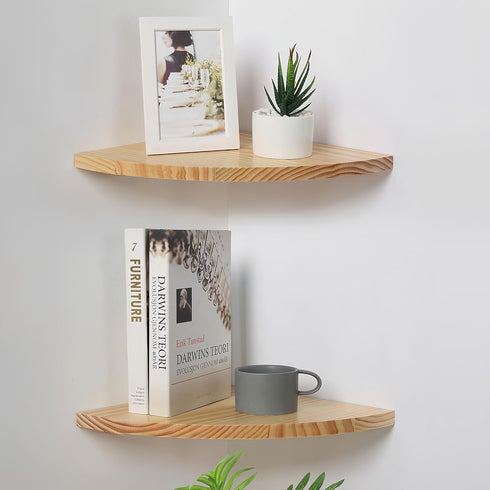 Waterproof Natural Wood Corner Wall Shelves Set of 2, Rustic Wood Corner