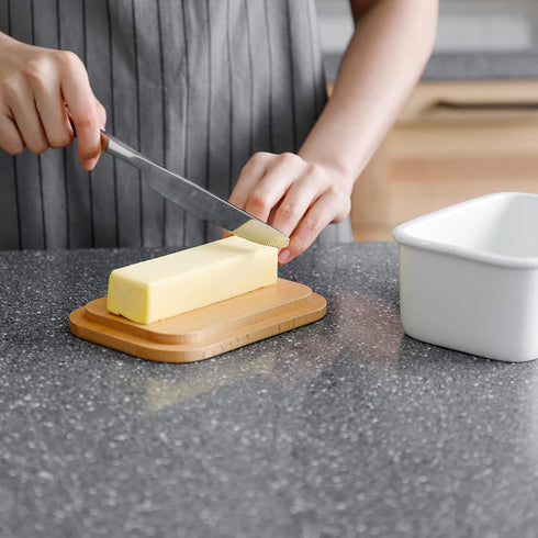 Countertop, Sweese Butter Dish with Lid, Large Porcelain Keeper with Beech Wooden Lid for Perfect for East and West