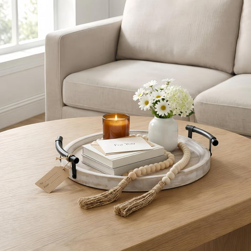 13" Round Decorative Wood Tray with Handles, Whitewashed Farmhouse Coffee Table Decor for Living Room, Entryway