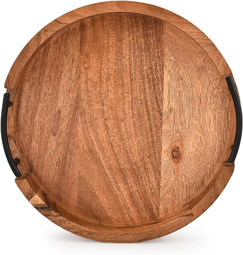 Mahasu Counter (12" 12" 1.6") Tray Acacia Wood Round Serving Tray with Iron Handles for Coffee Table Decor Centerpiece