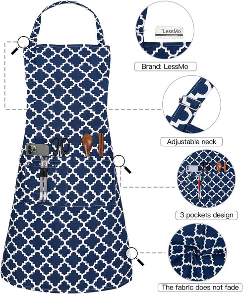 Kitchen Cooking Aprons with 3 Pockets - Cotton Adjustable Professional Grade Chef Apron for BBQ & Grill (Blue)