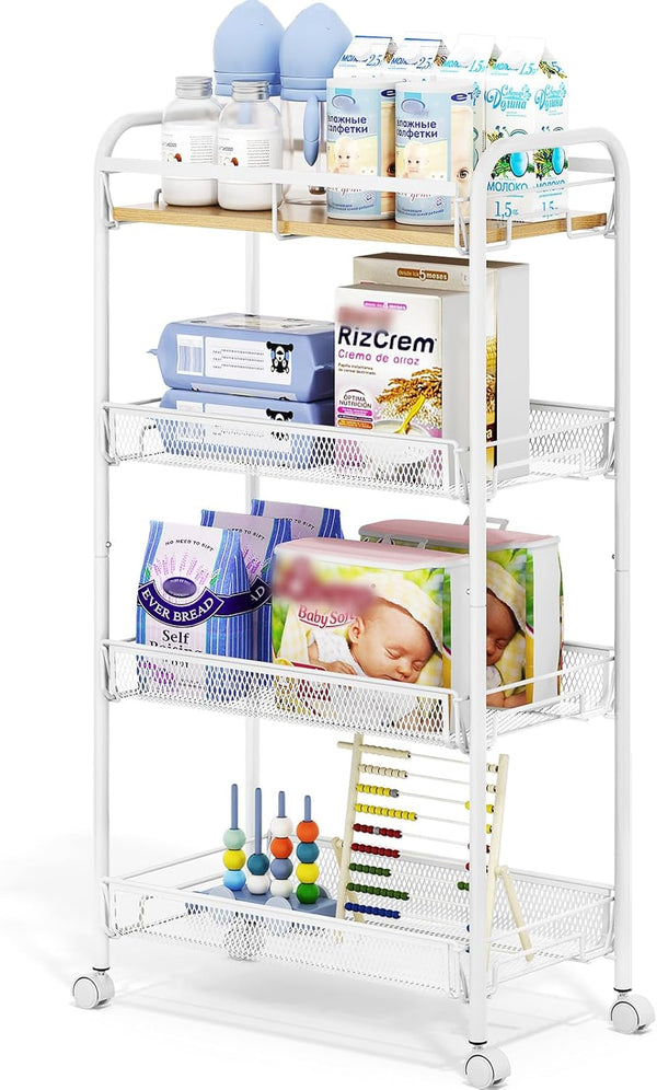 TOOLF 4-Tier Rolling Cart, Metal Utility Cart, Slide Out Storage Cart with