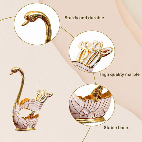 Decorative Gold Swan Base Holder with 6 Pcs Coffee Spoon Set, Creative Dessert Spoons
