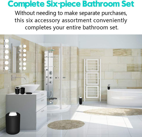 Papillon 6-Piece Bathroom Accessories Set - Toothbrush Holder, Soap Dispenser, Toilet Brush, Trash Can (Black)