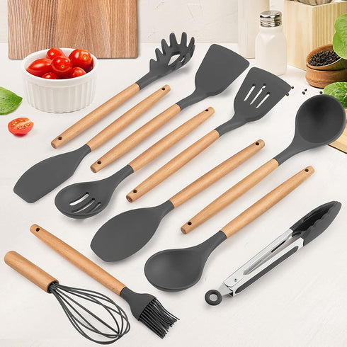 Kitchen Utensils Set of 12, E-far Silicone Cooking Utensils with Holder, Non-stick Cookware Friendly & Heat Resistant, Includes Spatula Tong Whisk Ladle Brush Slotted Turner Spoon(Gray) by E-far