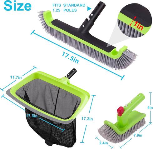 Swimming Skimmer Net,17.5" Sepetrel Deluxe Pool Cleaning Kit Including Rubber Edge Pool Brush Head & Hand Scrub