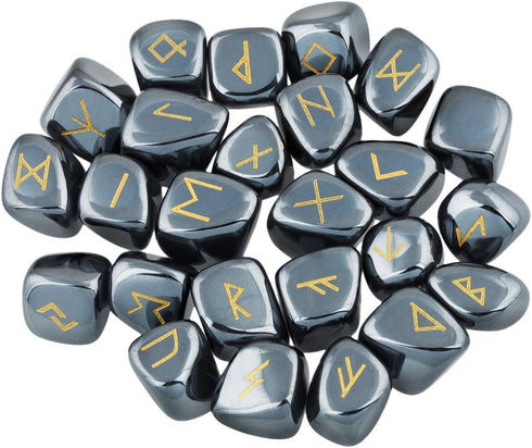 SUNYIK Natural Hematite Rune Stones Set with Engraved Elder Futhark Alphabet, Polished Healing Kit