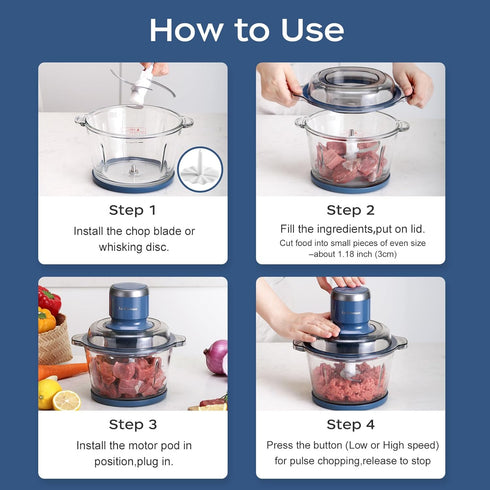 La Reveuse Food Processor, Electric Chopper with 7-Cup Glass Bowl, 300W, Blue