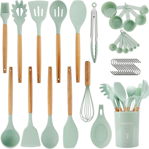 QMVESS Silicone Kitchen Utensils Set, 35 Pcs Non-Stick Cooking Accessories with Wooden Handles