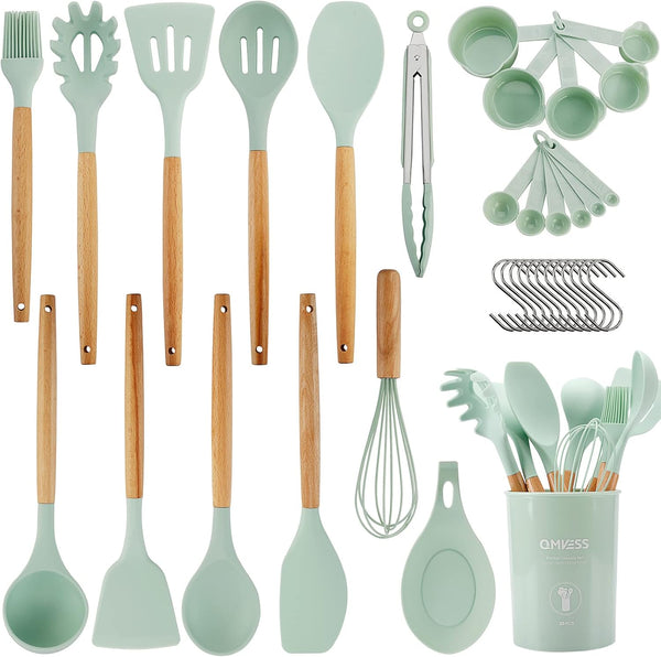 QMVESS Silicone Kitchen Utensils Set, 35 Pcs Non-Stick Cooking Accessories with Wooden Handles