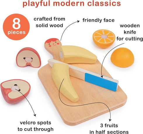 Smiley Fruit Chopping Board Toy Set - 8pc Wood Chopping Board with Play Knife & Choppable Fruits for Toddlers Age 2+