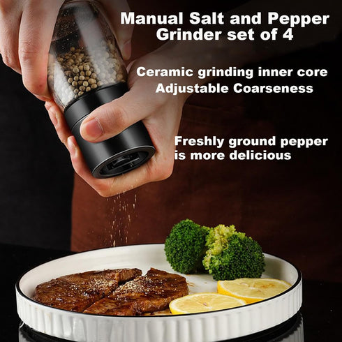 Premium Salt and Pepper Grinder Set of 4,Salt Grinder Refillable,Manual Salt and Pepper Mill Grinder Set,Adjustable Ceramic Salt Mill,Black Pepper Grinder Refillable,Glass Salt and Pepper Shaker