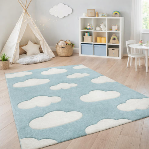 Paco Home Modern Kids Rug with Clouds in Blue Pastel for Nursery,