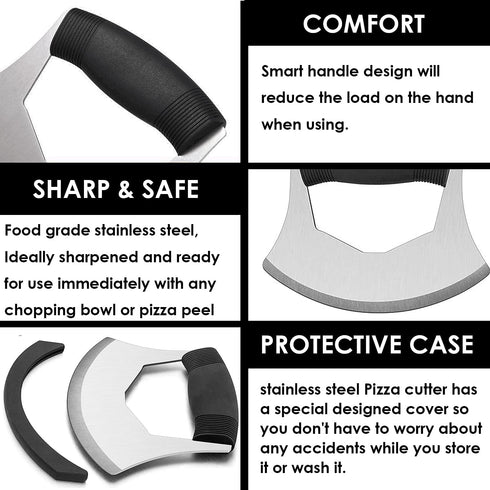 KAYCROWN Mezzaluna Knife: Pizza Cutter Salad Chopper - Stainless Steel Sharp Rocker Ulu Knife with Cover