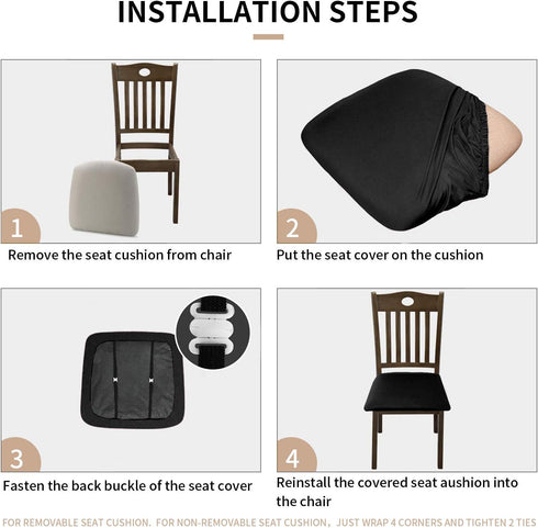 Gute Chair Seat Covers, Stretch Solid Dining Room Chair Protectors with Ties (4 Pcs, Black)