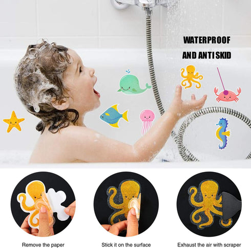 Non Slip Bathtub Stickers, 14 PCS Large Sea Adhesive Anti Slip Decal Treads for Shower and Bath Tub with Premium Scraper