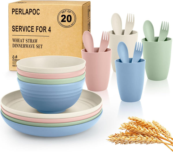 Wheat Straw Dinnerware Sets 20 PCS Service for 4, Unbreakable Kitchen Plates