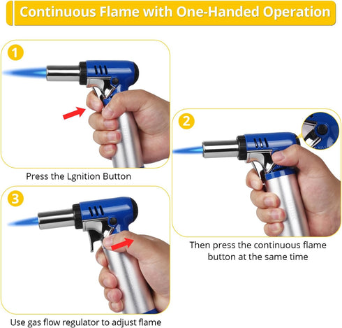 TBTEEK Butane Torch with Fuel Gauge T907, One-hand Operation Kitchen Torch Lighter with Adjustable Flame for BBQ, Baking, Brulee Creme, Crafts and Soldering(Butane Gas Not Included), Blue