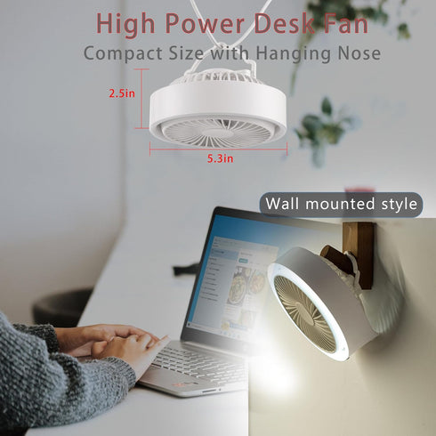 Small Desk Fan - Ultra Quiet USB Fan, Portable 3000mAh Rechargeable Battery Operate, High Power with Ambient Light
