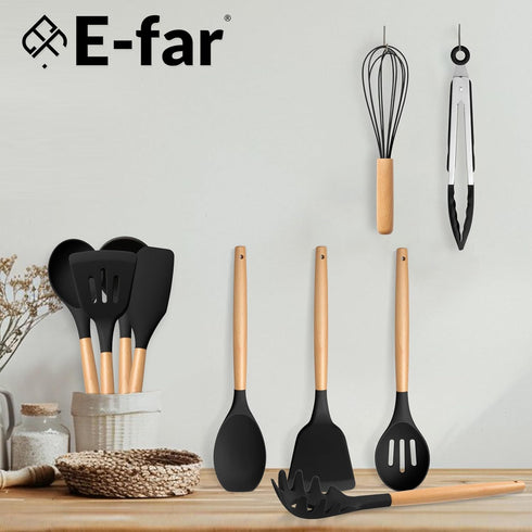 E-far Silicone Cooking Utensils Set, 10-Piece Black Kitchen Tools with Wooden Handle