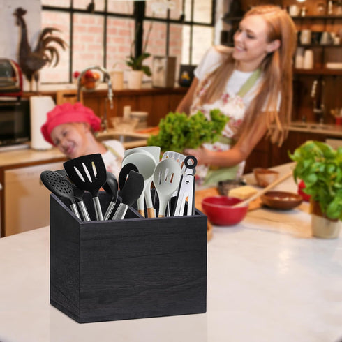 Wooden Kitchen Utensil Caddy - 2 Compartments Rustic Holder for Kitchen Countertop, Black