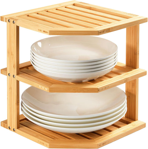 Umilife Plate Organizer for Cabinet, Bamboo Corner Shelf, Dish & Bread Organizer,