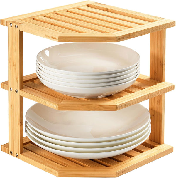 Umilife Plate Organizer for Cabinet, Bamboo Corner Shelf, Dish & Bread Organizer,
