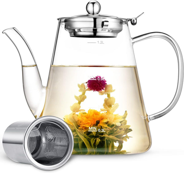 Zpose Glass Teapot 1200ml (40oz) with Removable Infuser for Loose and Blooming Tea - Stovetop Safe Tea Kettle