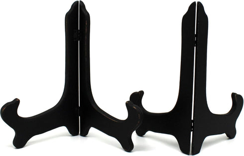 CVHOMEDECO. Antique Distressed Black Wooden Plates Rack, Set of 2, 9 Inch Folding Display Stand for Home Décor