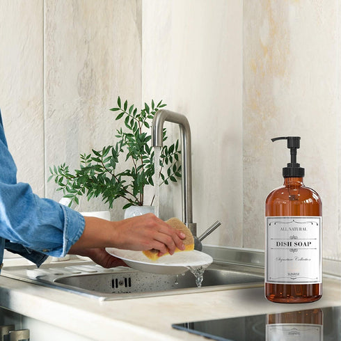 16 OZ Thick Amber Glass Soap Dispenser with Plastic Pump, 2 Pack, Hand and Dish Soap Dispenser Set with Labels