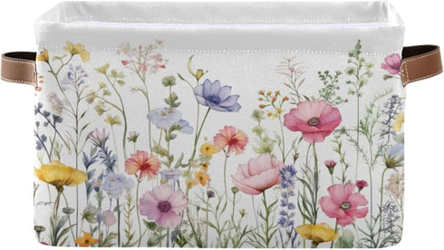 Herbal Wildflowers 1pc Storage Basket, Large Collapsible Canvas Organizer with Handle for Home Office Decor