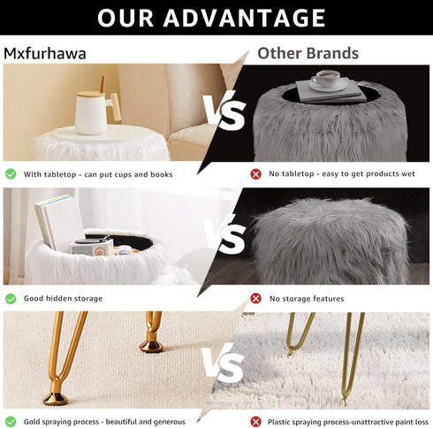 4 Mxfurhawa Faux Fur Storage Ottoman Round Furry Vanity Stool Marble Grain Tray Coffee Table Compact Footrest