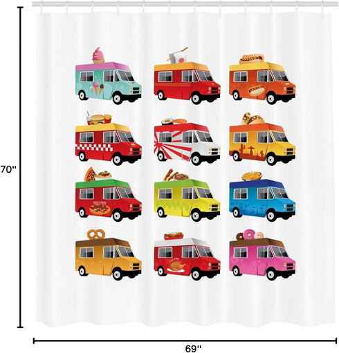 Ambesonne Truck Shower Curtain, Colorful Food Truck Illustration, Cloth Fabric Bathroom Decor Set with Hooks, 69" W x