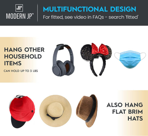 Modern JP 8-Pack Adhesive Hat Hooks for Wall, Minimalist Design, No Drilling, Strong Hold Hat Hangers, Black