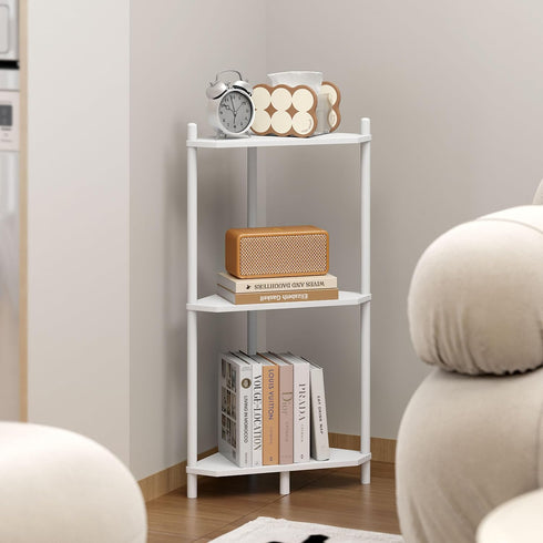 Wisuce Essentials 3 (White3 Corner Shelf Stand - Tier Bamboo Small Corner Bookshelf for Office Kitchen Bedroom Plant