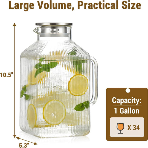 Snuvid 1 Gallon thickened Square Glass Pitcher with Lid, Classic Stripes Water Pitchers for Fridge, Borosilicate Glass