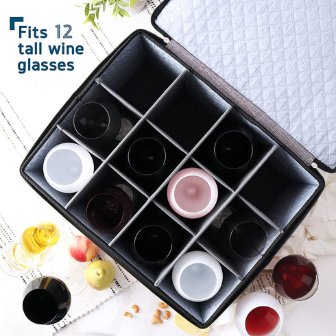 Wine Glass Storage Box with Dividers – Quilted and Stackable Stemware Storage Cases, Service of 12 Glassware Storage