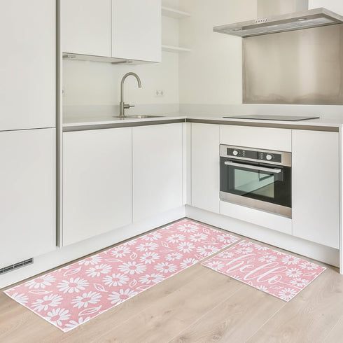 Spring Kitchen Rugs Set of 2, Pink White Daisy Flower Door Mat Non Slip Floor Rugs for Home Kitchen Room Decor