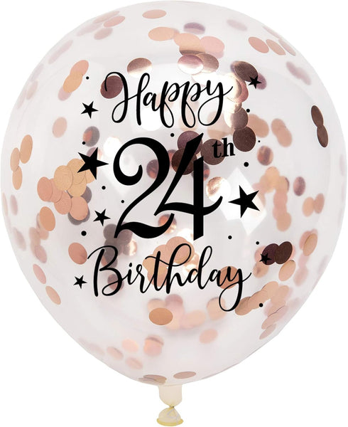 Rose Gold 24th Confetti Latex Balloons, Happy 24 Years Birthday Party Decoration with Confetti, 12in, 16 Pack
