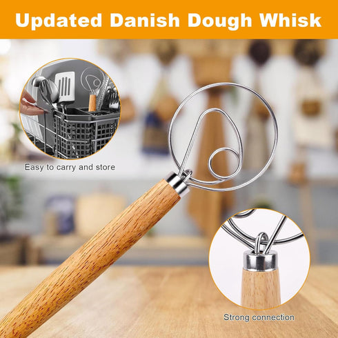 2-Pack Danish Dough Whisk, 13-Inch Bread Whisk with Stainless Steel Ring for Sourdough, Pizza, Pastry, and Cookies