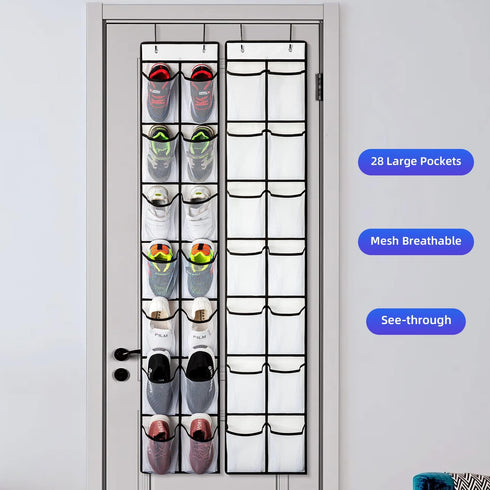 KEEPJOY Over The Door Shoe Organizer | Hanging Shoe Holder with 14 Mesh Pockets and 4 Hooks | White-2Pack