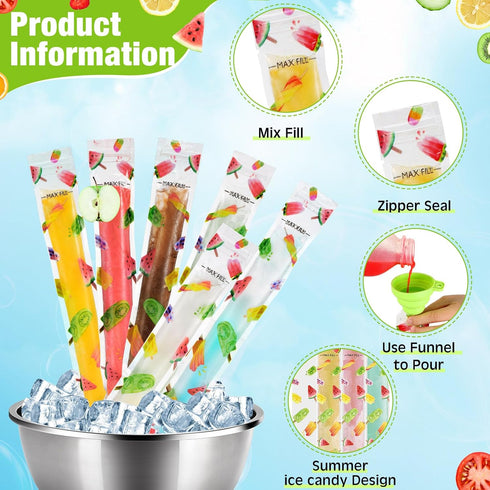 Yiyiring 300 11 2 2 Summer Pcs Disposable Ice Pop Mold Bags with Zip Seals x Freezer Tubes Ice Lolly Bags with Funnels