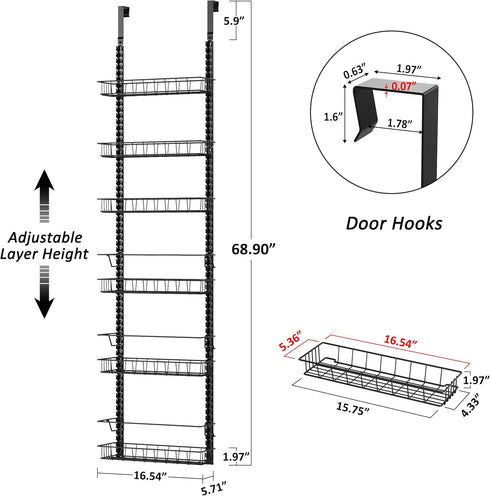 6 6 Churboro Over the Door Pantry Organizer Rack with Adjustable Baskets, Tiers Dual-use Spice Rack- Hanging or Wall