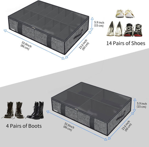 Large Under Bed Boots Shoes Storage Organizer Set of 2 (14+4 Pairs), Heavy Duty Foldable Fabric Shoe Container Box with