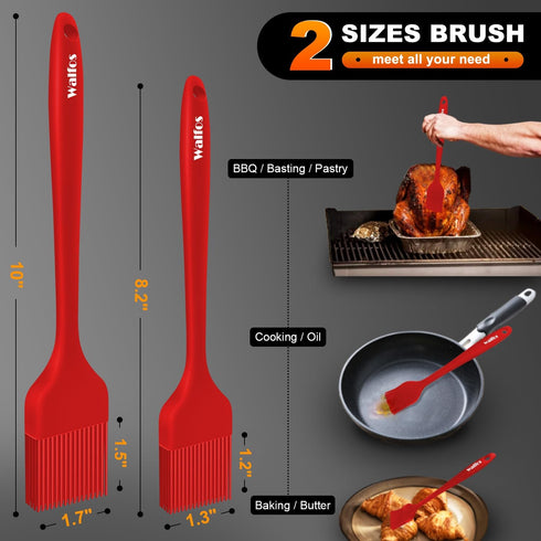 Walfos Silicone Basting Pastry Brush Set - Heat Resistant, Strong Steel Core, Perfect for BBQ Grill Baking, 2 Pcs (Red)
