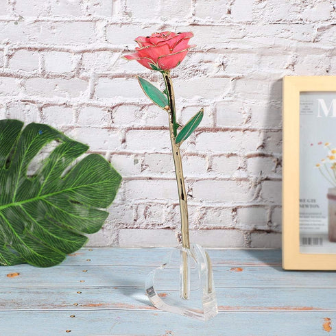 24k Rose Display Stand - Heart-Shaped Stand for Single Real Roses or Artificial Flower Base, Transparent Shelf Support