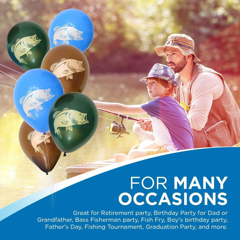 Gone Fishin' Party Balloons (6 pcs.) - 12" Latex Balloons in 3 Vibrant Colors with Largemouth Bass Print