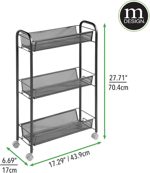 mDesign Steel Rolling Utility Cart with 3 Basket Shelves - Storage Organizer Trolley for Bathroom, Garage, Laundry Room